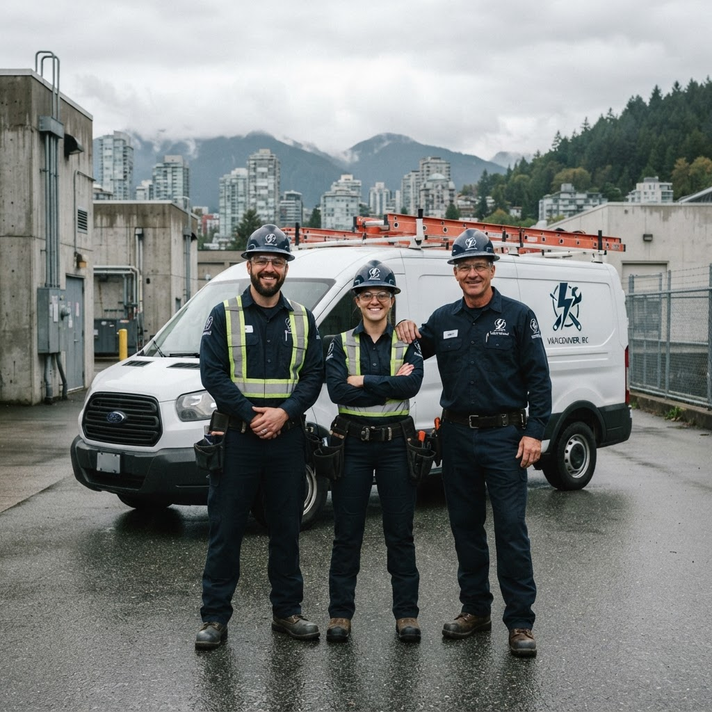 The Raincity Electric Co. team in front of their work van