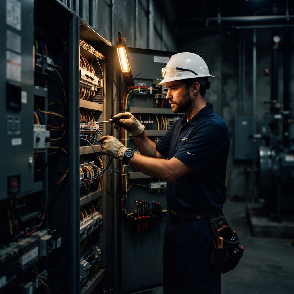 Raincity electrician working on a commercial electrical panel